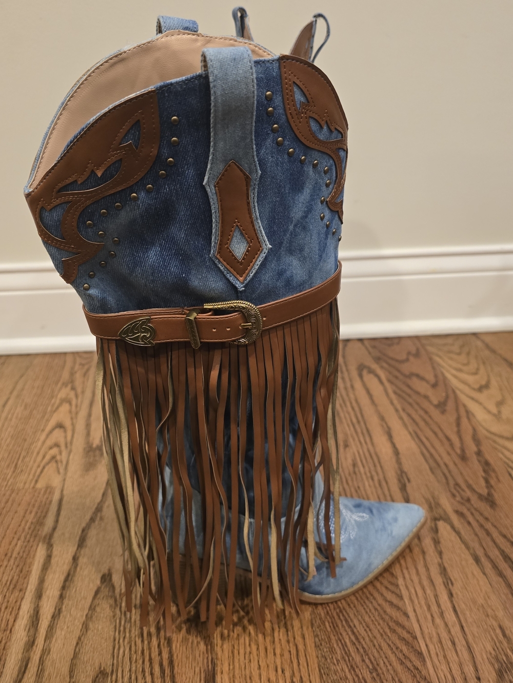 Blue Denim Fringe Western Knee Boots - Women's - Picture 9 of 11
